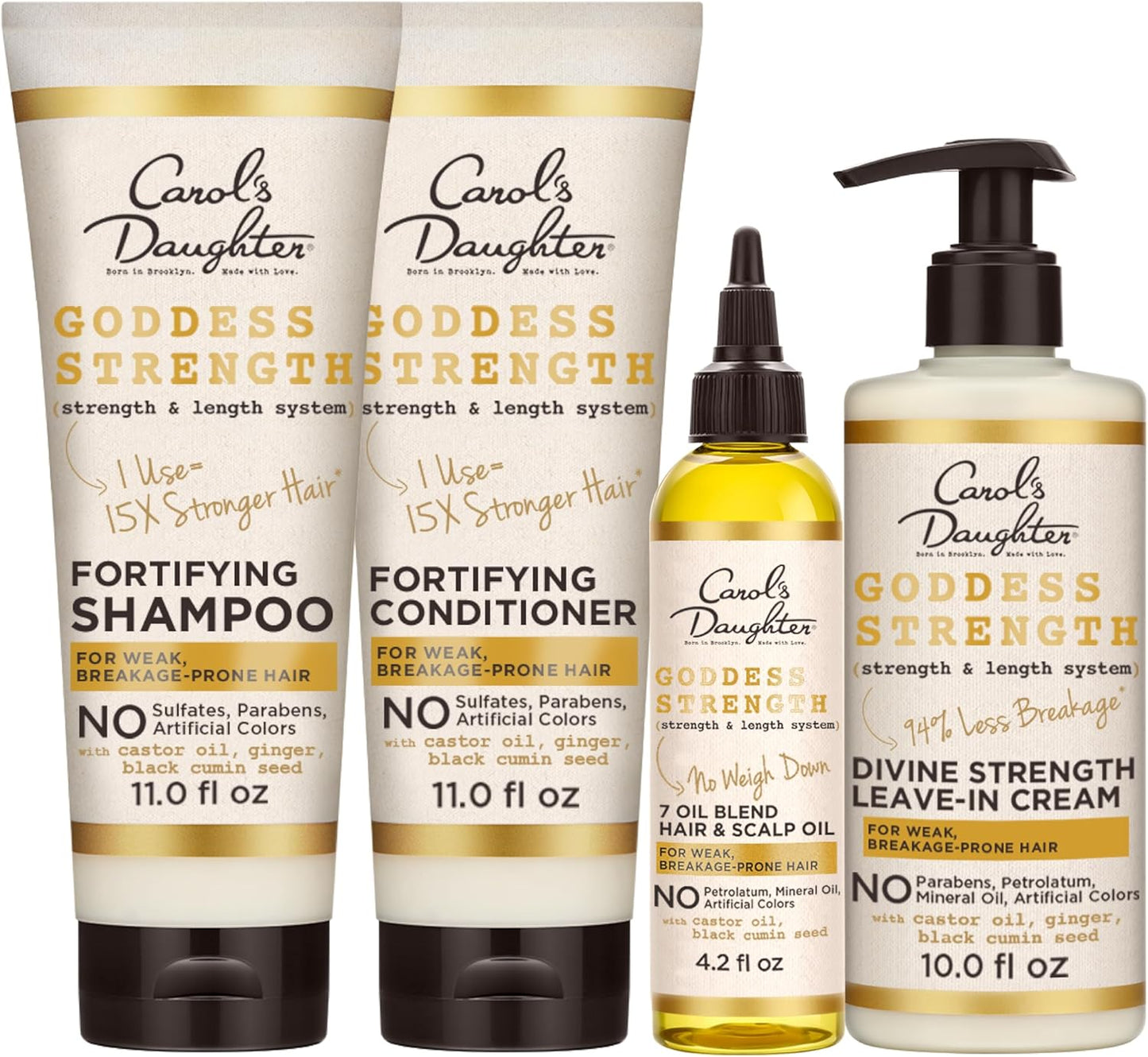 Goddess Strength Sulfate Free Shampoo, Hair Conditioner, Leave in Conditioner & Hair Treatment Oil Made with Castor Oil (4 Products)