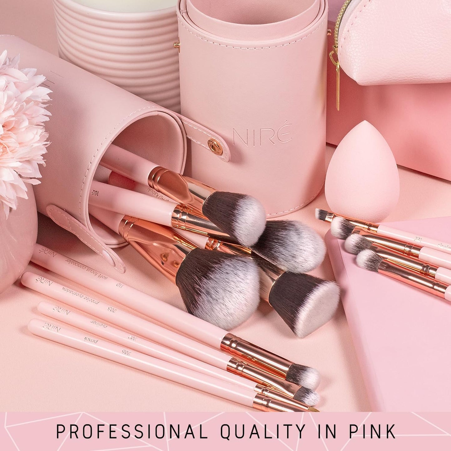 Beauty Makeup Brush Set with Case, Vegan, 15Pc, Pink Rose Gold