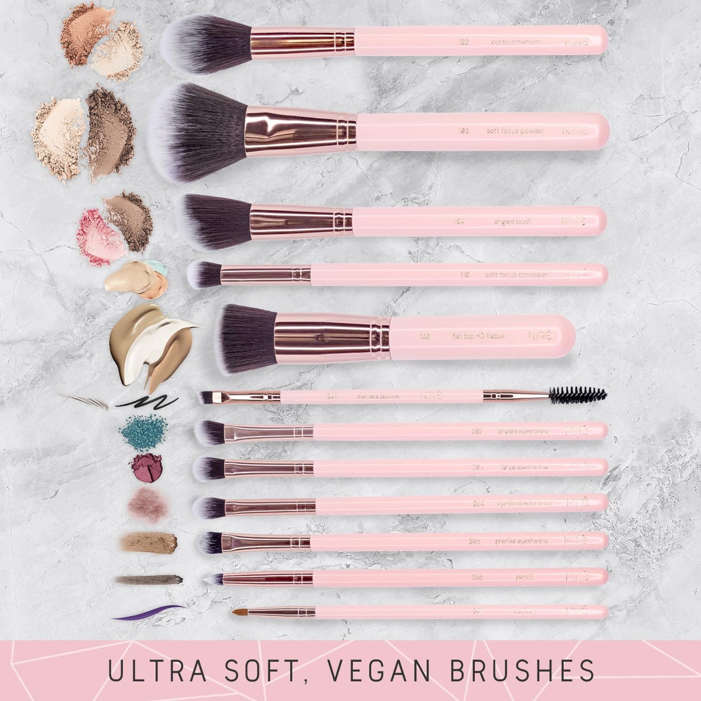 Beauty Makeup Brush Set with Case, Vegan, 15Pc, Pink Rose Gold