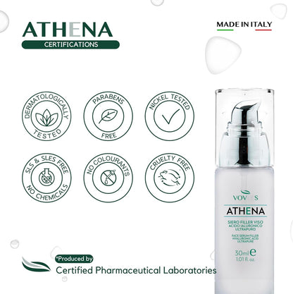 Athena Anti-Wrinkle Face Serum – Pure Bio Hyaluronic Acid – Instant Effect – Vegan & Natural – Dermatologically Tested – Hydrates & Smooths – Made in Italy, 30Ml