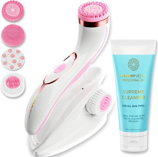 PRO Deep Facial Cleansing, Face Brush with 4 Brush Attachments, USB-C, IPX6 Waterproof, with Matching Cleansing Gel for All Skin Types (Pink)