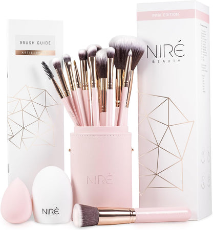 Beauty Makeup Brush Set with Case, Vegan, 15Pc, Pink Rose Gold