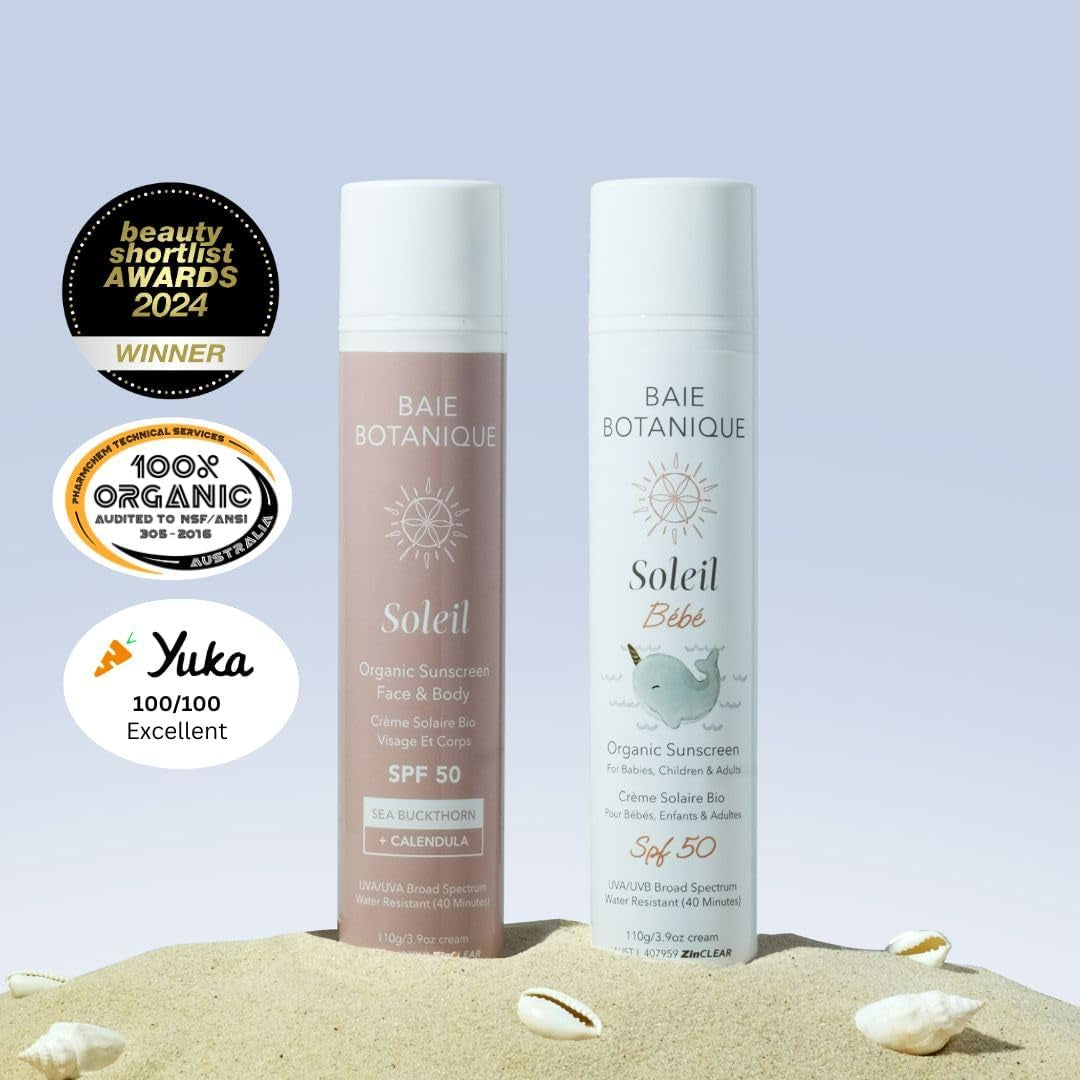 Soleil - Natural and Organic Mineral Non-Toxic Sunscreen Bundle. Face and Body SPF 50 110G + Baby SPF 50 110G