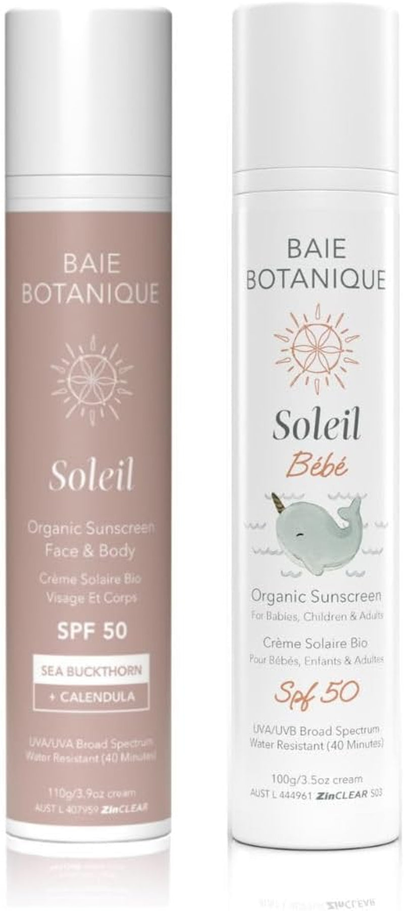 Soleil - Natural and Organic Mineral Non-Toxic Sunscreen Bundle. Face and Body SPF 50 110G + Baby SPF 50 110G