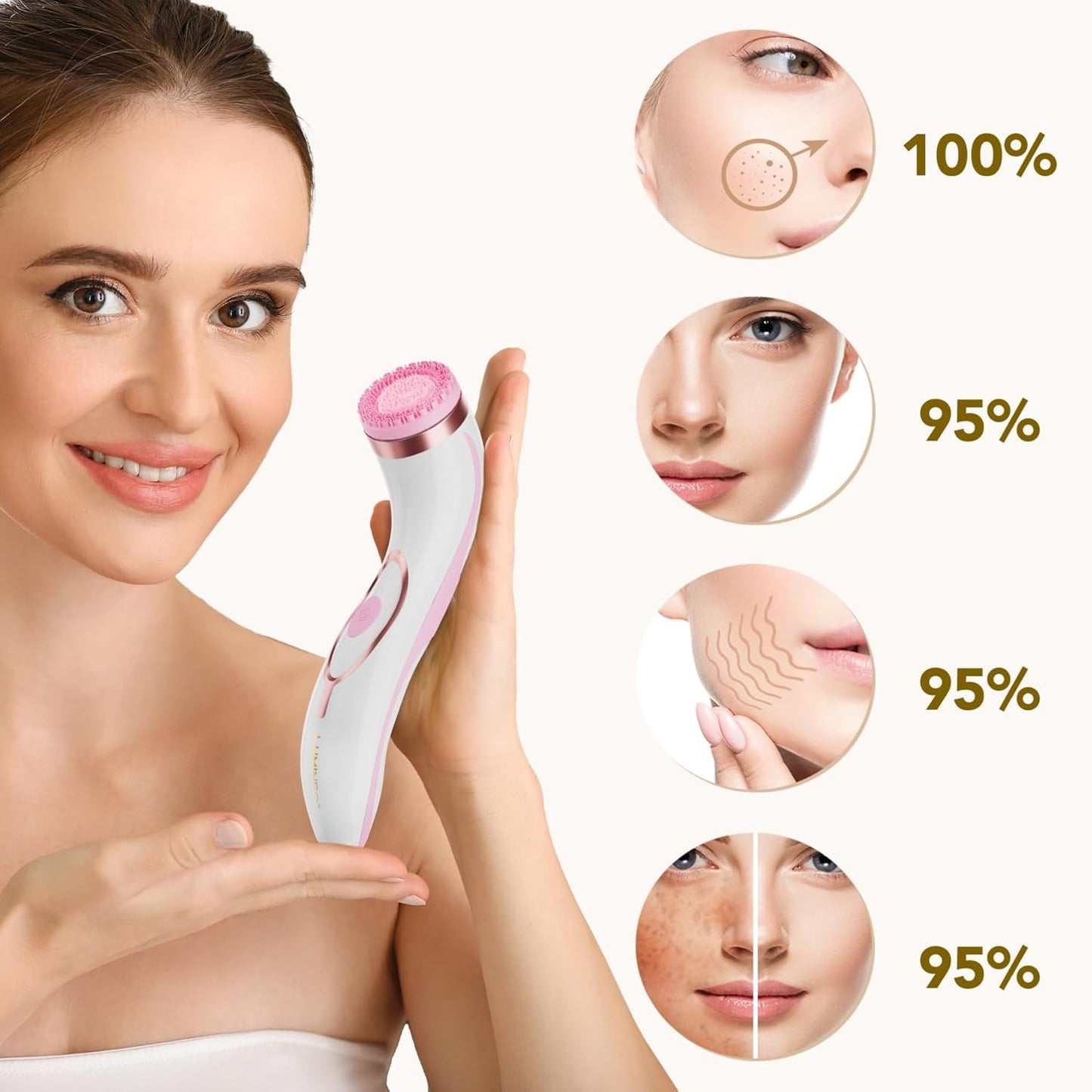 PRO Deep Facial Cleansing, Face Brush with 4 Brush Attachments, USB-C, IPX6 Waterproof, with Matching Cleansing Gel for All Skin Types (Pink)