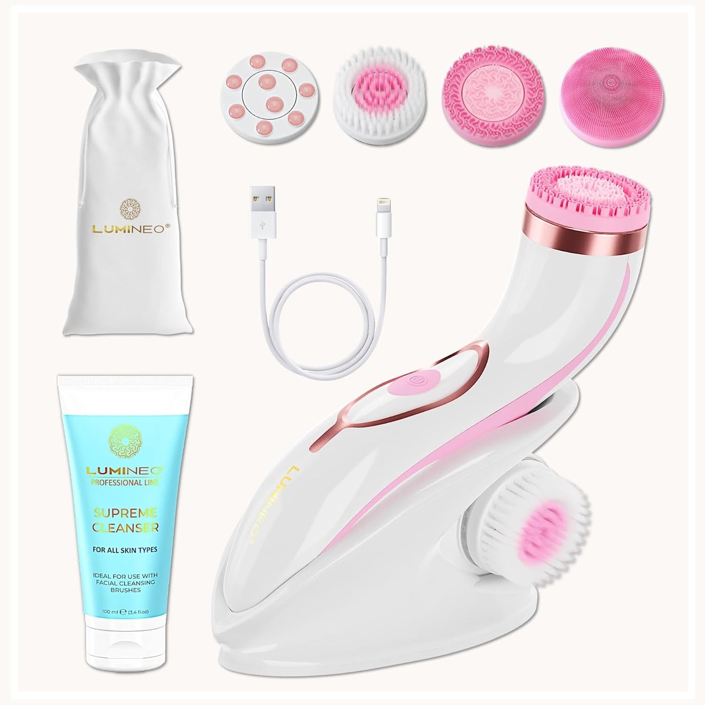 PRO Deep Facial Cleansing, Face Brush with 4 Brush Attachments, USB-C, IPX6 Waterproof, with Matching Cleansing Gel for All Skin Types (Pink)