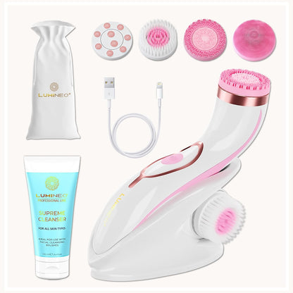 PRO Deep Facial Cleansing, Face Brush with 4 Brush Attachments, USB-C, IPX6 Waterproof, with Matching Cleansing Gel for All Skin Types (Pink)