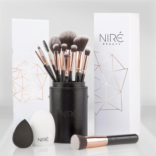Beauty Professional Makeup Brush Set, Vegan, 15Pc, Black Rose Gold