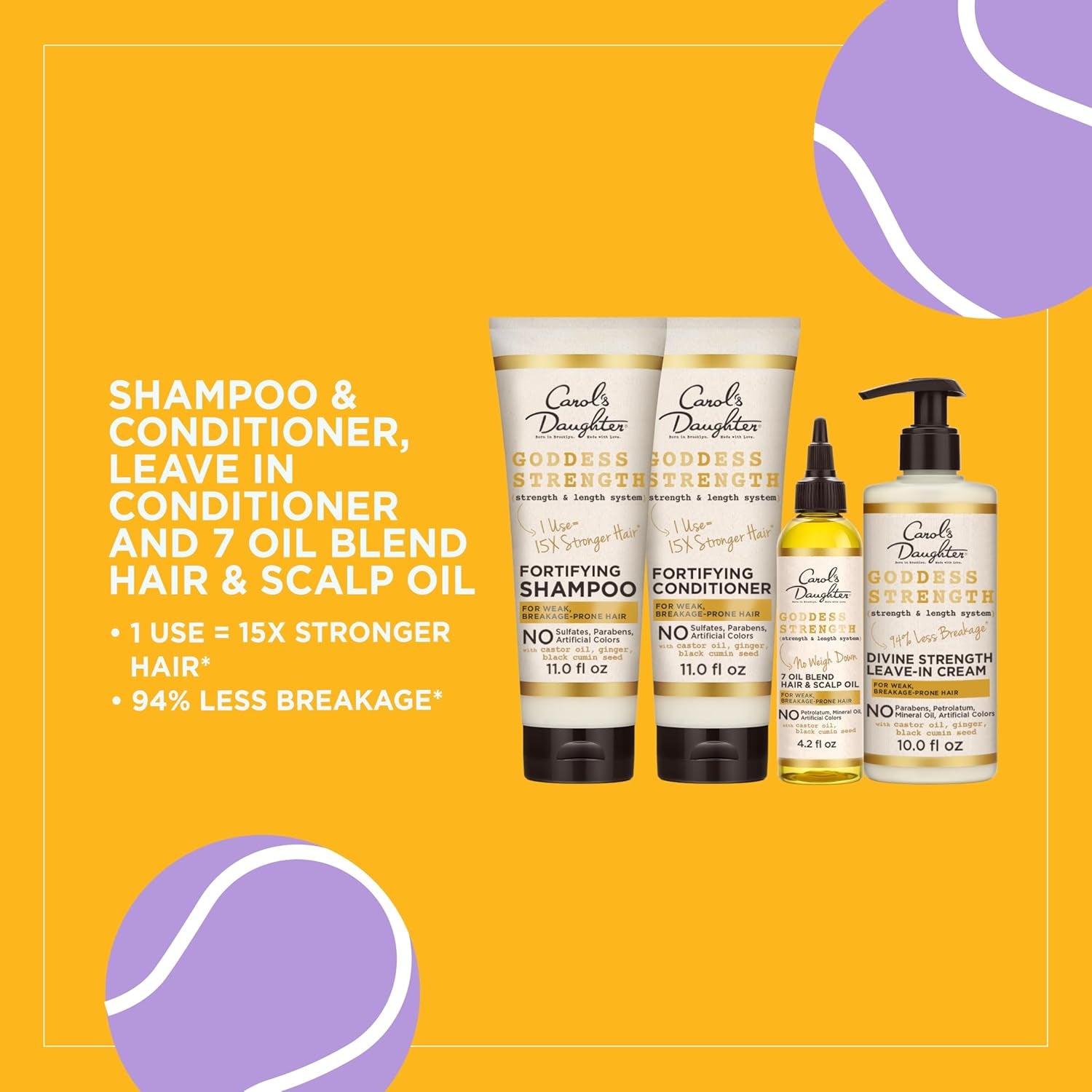 Goddess Strength Sulfate Free Shampoo, Hair Conditioner, Leave in Conditioner & Hair Treatment Oil Made with Castor Oil (4 Products)