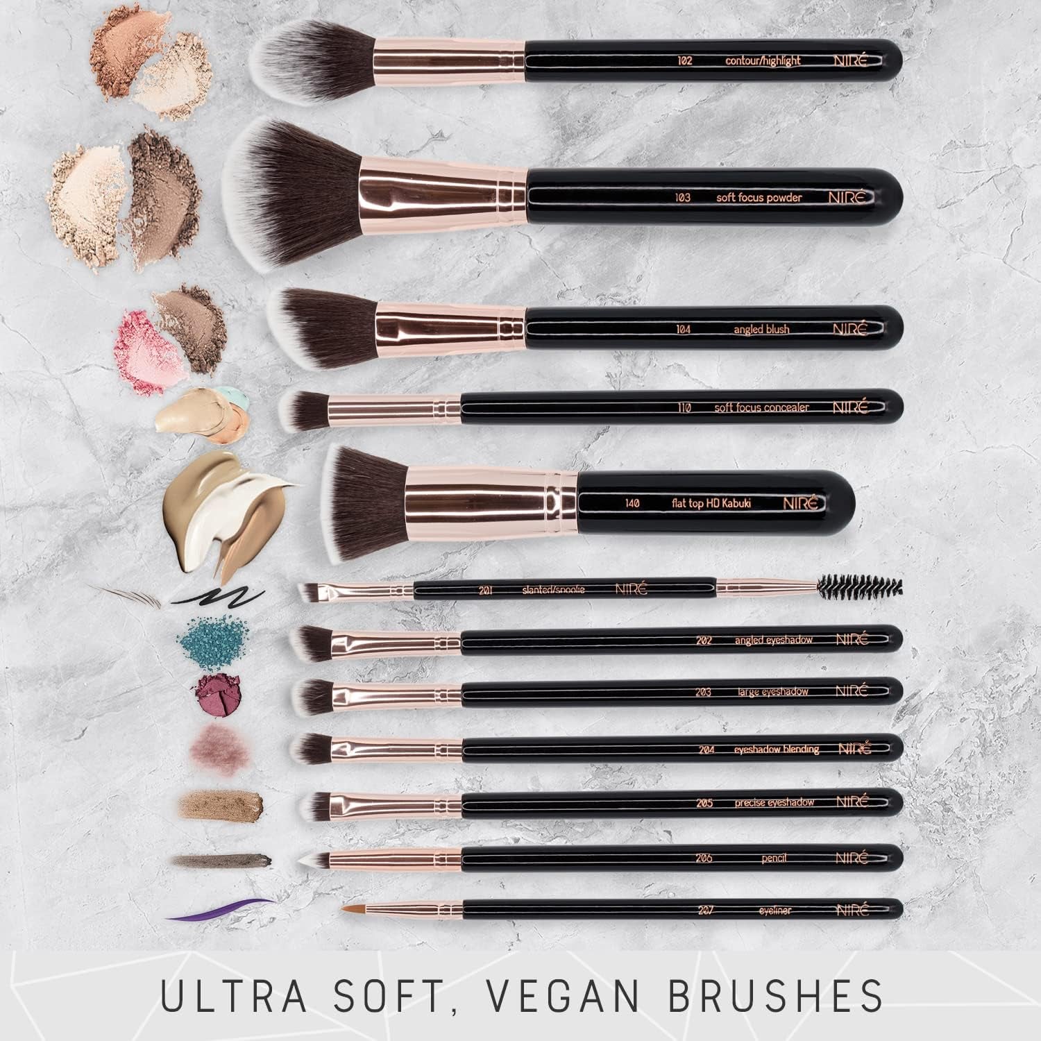 Beauty Professional Makeup Brush Set, Vegan, 15Pc, Black Rose Gold
