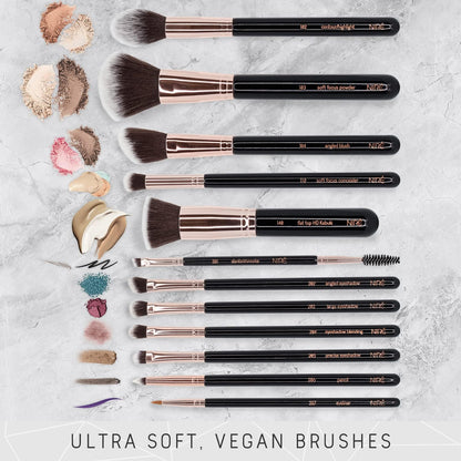Beauty Professional Makeup Brush Set, Vegan, 15Pc, Black Rose Gold