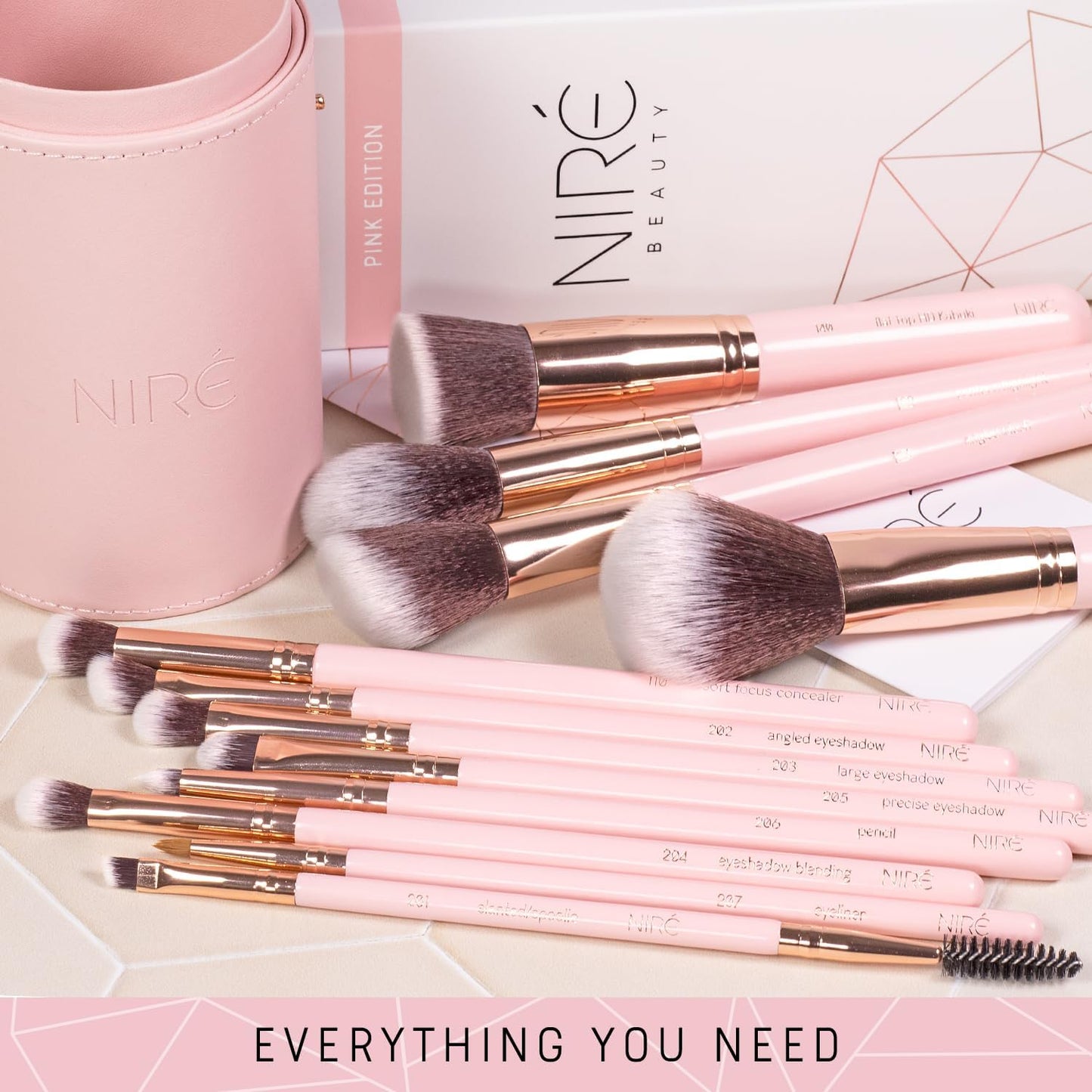 Beauty Makeup Brush Set with Case, Vegan, 15Pc, Pink Rose Gold