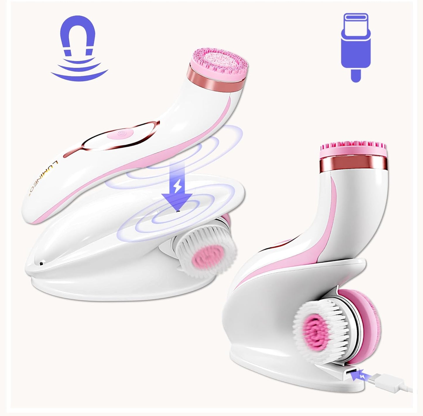 PRO Deep Facial Cleansing, Face Brush with 4 Brush Attachments, USB-C, IPX6 Waterproof, with Matching Cleansing Gel for All Skin Types (Pink)